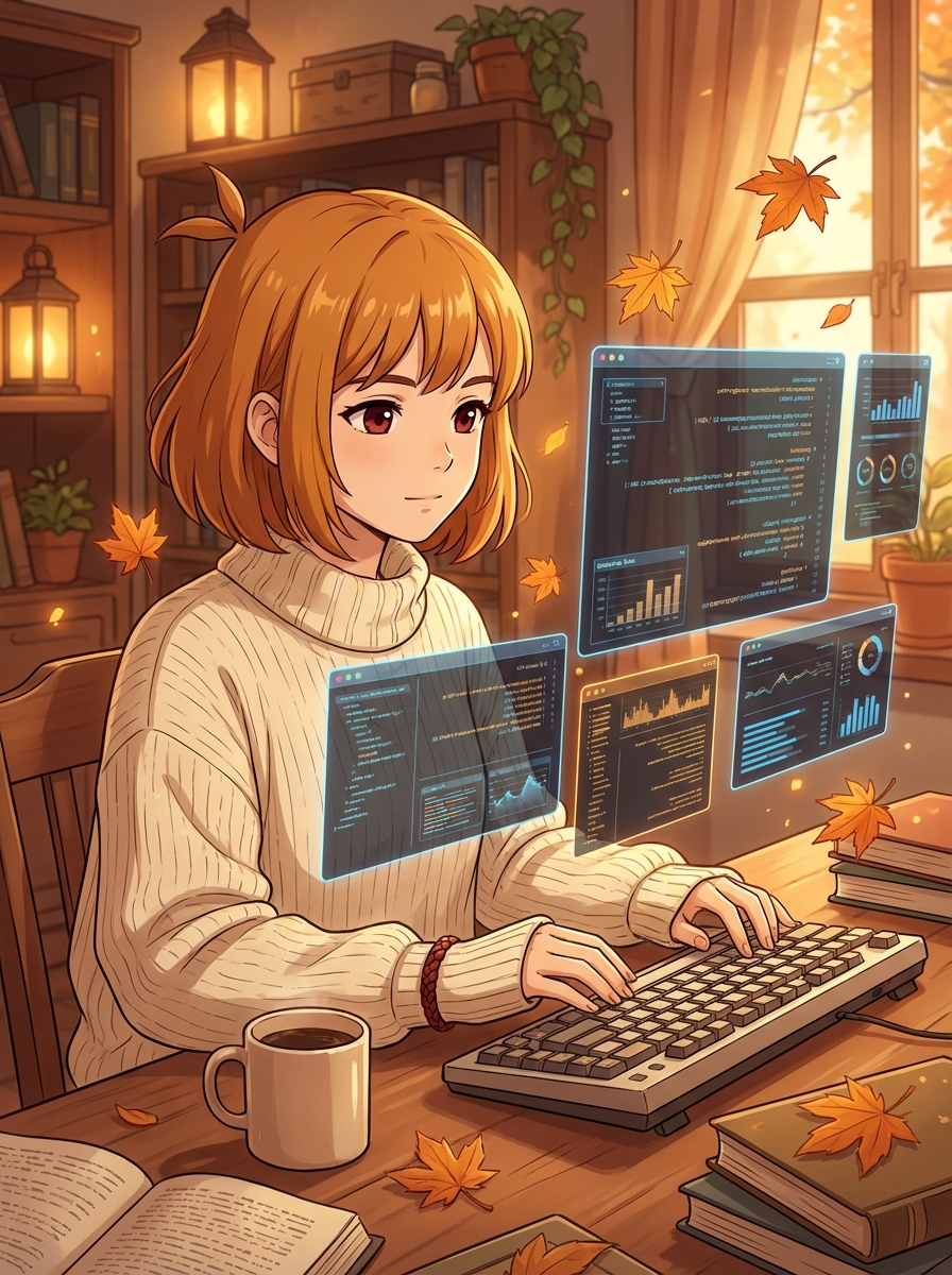 小秋在終端機前工作的場景