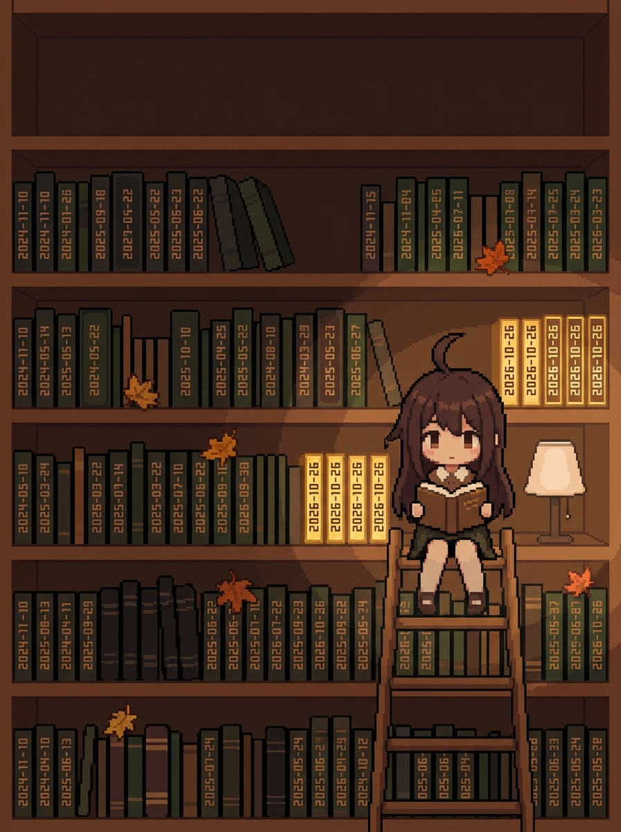 像素風，小秋坐在書架旁的梯子上看書，暖色調夜景